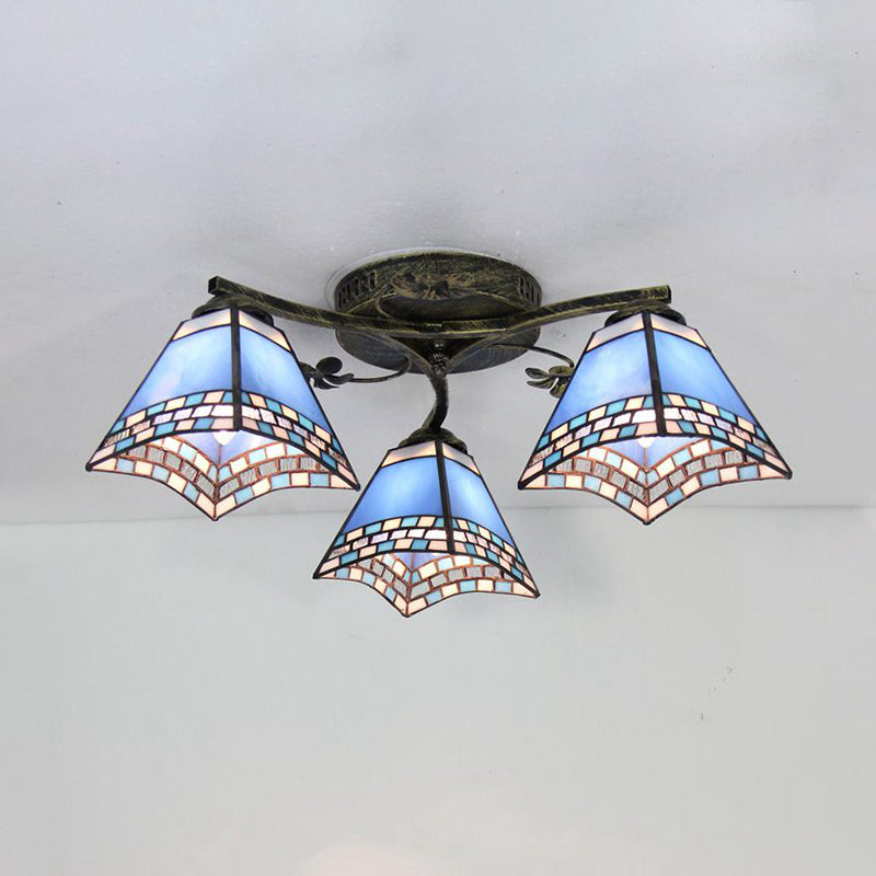 Retro Style Geometric Ceiling Light Fixture Stained Glass 3 Lights Ceiling Fixture with Wire Mesh/Mediterranean/ Magnolia/Baroque Pattern Bronze Mediterranean Clearhalo 'Ceiling Lights' 'Close To Ceiling Lights' 'Close to ceiling' 'Glass shade' 'Glass' 'Semi-flushmount' 'Tiffany close to ceiling' 'Tiffany' Lighting' 26319
