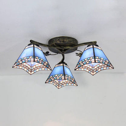 Retro Style Geometric Ceiling Light Fixture Stained Glass 3 Lights Ceiling Fixture with Wire Mesh/Mediterranean/ Magnolia/Baroque Pattern Bronze Mediterranean Clearhalo 'Ceiling Lights' 'Close To Ceiling Lights' 'Close to ceiling' 'Glass shade' 'Glass' 'Semi-flushmount' 'Tiffany close to ceiling' 'Tiffany' Lighting' 26319