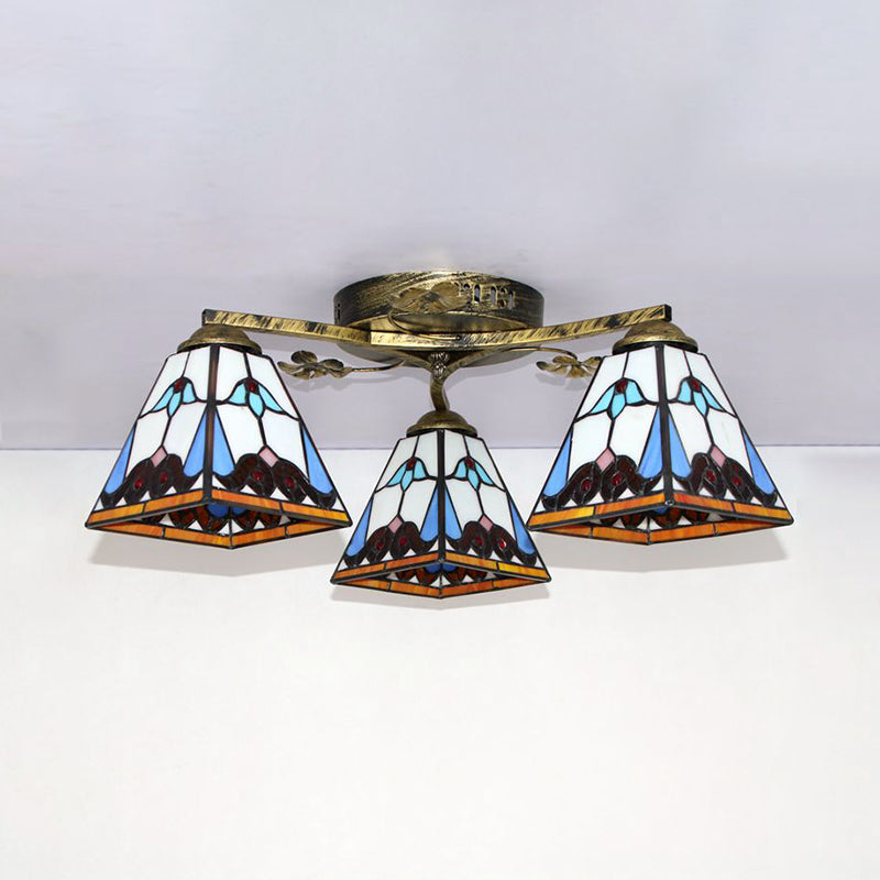 Retro Style Geometric Ceiling Light Fixture Stained Glass 3 Lights Ceiling Fixture with Wire Mesh/Mediterranean/ Magnolia/Baroque Pattern Clearhalo 'Ceiling Lights' 'Close To Ceiling Lights' 'Close to ceiling' 'Glass shade' 'Glass' 'Semi-flushmount' 'Tiffany close to ceiling' 'Tiffany' Lighting' 26322