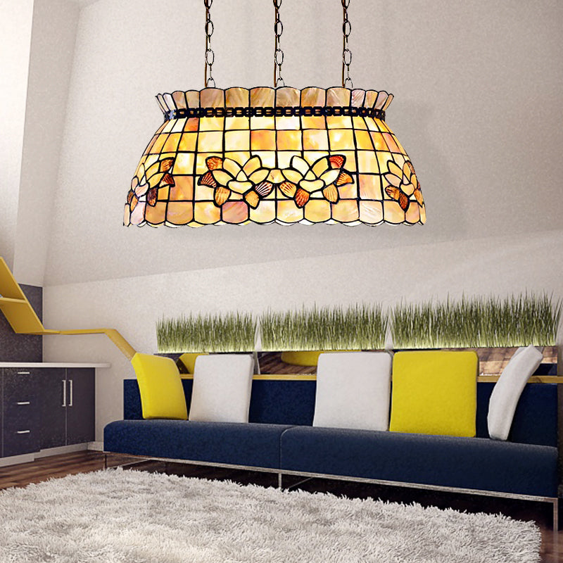 Handmade Pool Table Pendant Lighting 3 Lights Shell Tiffany Stylish Chandelier Lamp in Beige for Living Room Beige Clearhalo 'Ceiling Lights' 'Chandeliers' 'Island Lights' 'Tiffany close to ceiling' 'Tiffany' Lighting' 263228