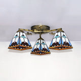 Retro Style Geometric Ceiling Light Fixture Stained Glass 3 Lights Ceiling Fixture with Wire Mesh/Mediterranean/ Magnolia/Baroque Pattern Clearhalo 'Ceiling Lights' 'Close To Ceiling Lights' 'Close to ceiling' 'Glass shade' 'Glass' 'Semi-flushmount' 'Tiffany close to ceiling' 'Tiffany' Lighting' 26322