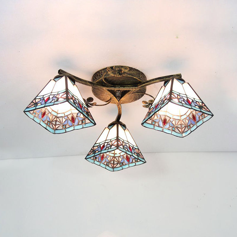 Retro Style Geometric Ceiling Light Fixture Stained Glass 3 Lights Ceiling Fixture with Wire Mesh/Mediterranean/ Magnolia/Baroque Pattern Bronze Magnolia Clearhalo 'Ceiling Lights' 'Close To Ceiling Lights' 'Close to ceiling' 'Glass shade' 'Glass' 'Semi-flushmount' 'Tiffany close to ceiling' 'Tiffany' Lighting' 26323