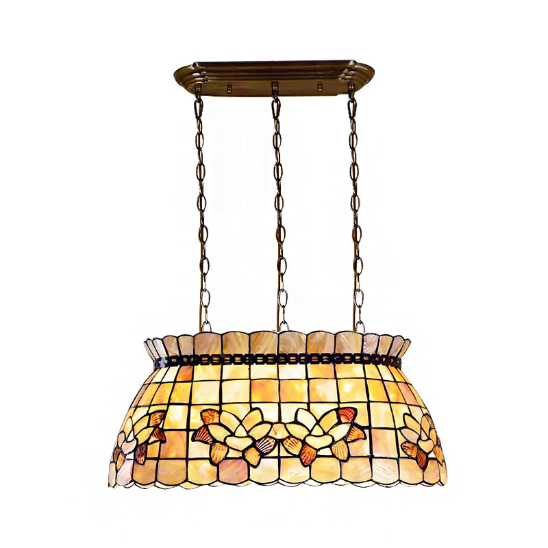 Handmade Pool Table Pendant Lighting 3 Lights Shell Tiffany Stylish Chandelier Lamp in Beige for Living Room Clearhalo 'Ceiling Lights' 'Chandeliers' 'Island Lights' 'Tiffany close to ceiling' 'Tiffany' Lighting' 263230