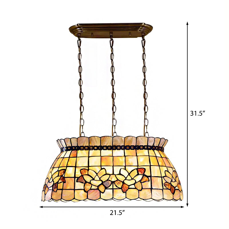 Handmade Pool Table Pendant Lighting 3 Lights Shell Tiffany Stylish Chandelier Lamp in Beige for Living Room Clearhalo 'Ceiling Lights' 'Chandeliers' 'Island Lights' 'Tiffany close to ceiling' 'Tiffany' Lighting' 263231