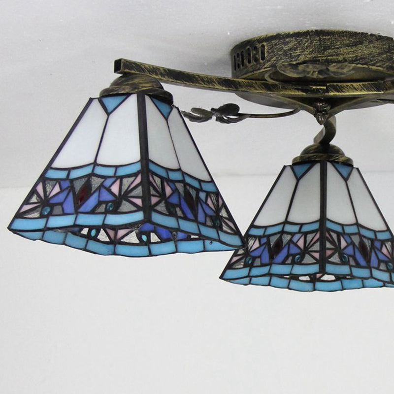 Retro Style Geometric Ceiling Light Fixture Stained Glass 3 Lights Ceiling Fixture with Wire Mesh/Mediterranean/ Magnolia/Baroque Pattern Clearhalo 'Ceiling Lights' 'Close To Ceiling Lights' 'Close to ceiling' 'Glass shade' 'Glass' 'Semi-flushmount' 'Tiffany close to ceiling' 'Tiffany' Lighting' 26324
