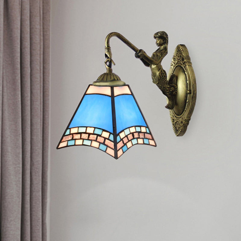 Mediterranean Pyramid Wall Light Fixture 1 Head Blue Glass Sconce Light with Mermaid Backplate Blue Clearhalo 'Industrial' 'Middle century wall lights' 'Tiffany wall lights' 'Tiffany' 'Wall Lamps & Sconces' 'Wall Lights' Lighting' 263285