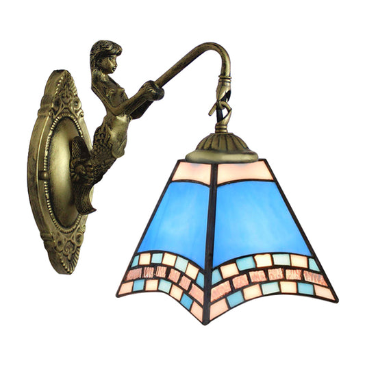 Mediterranean Pyramid Wall Light Fixture 1 Head Blue Glass Sconce Light with Mermaid Backplate Clearhalo 'Industrial' 'Middle century wall lights' 'Tiffany wall lights' 'Tiffany' 'Wall Lamps & Sconces' 'Wall Lights' Lighting' 263287