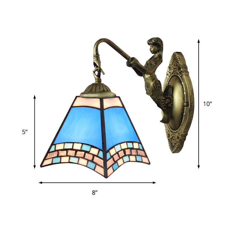 Mediterranean Pyramid Wall Light Fixture 1 Head Blue Glass Sconce Light with Mermaid Backplate Clearhalo 'Industrial' 'Middle century wall lights' 'Tiffany wall lights' 'Tiffany' 'Wall Lamps & Sconces' 'Wall Lights' Lighting' 263288