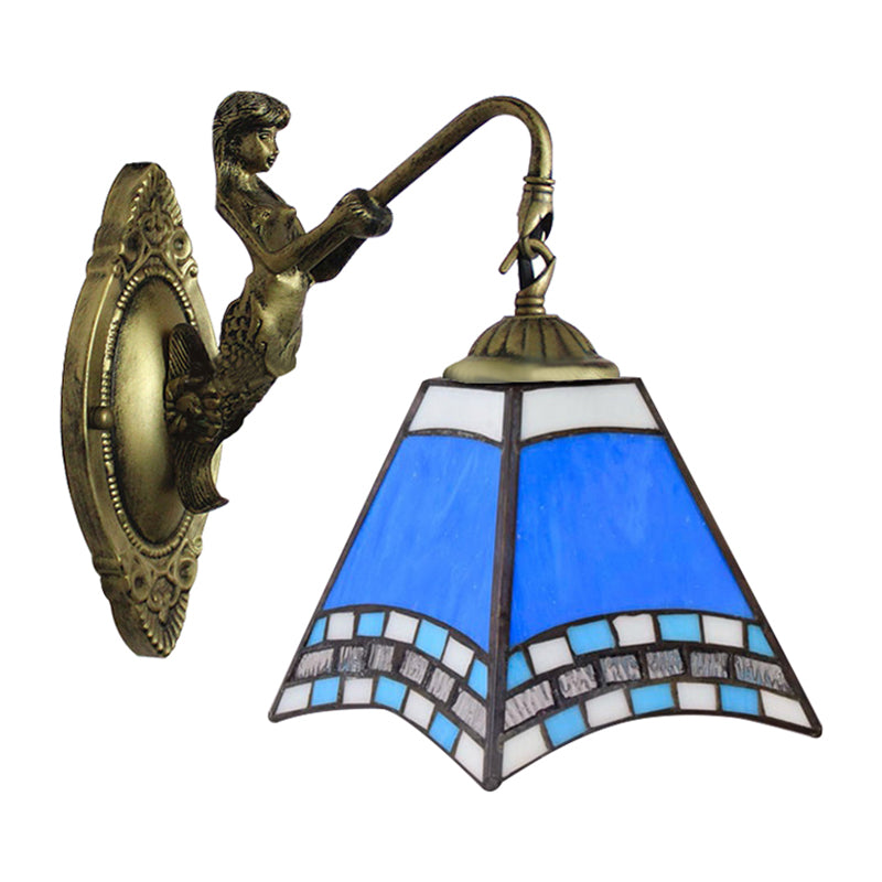 Mediterranean Pyramid Wall Light Fixture 1 Head Blue Glass Sconce Light with Mermaid Backplate Clearhalo 'Industrial' 'Middle century wall lights' 'Tiffany wall lights' 'Tiffany' 'Wall Lamps & Sconces' 'Wall Lights' Lighting' 263289