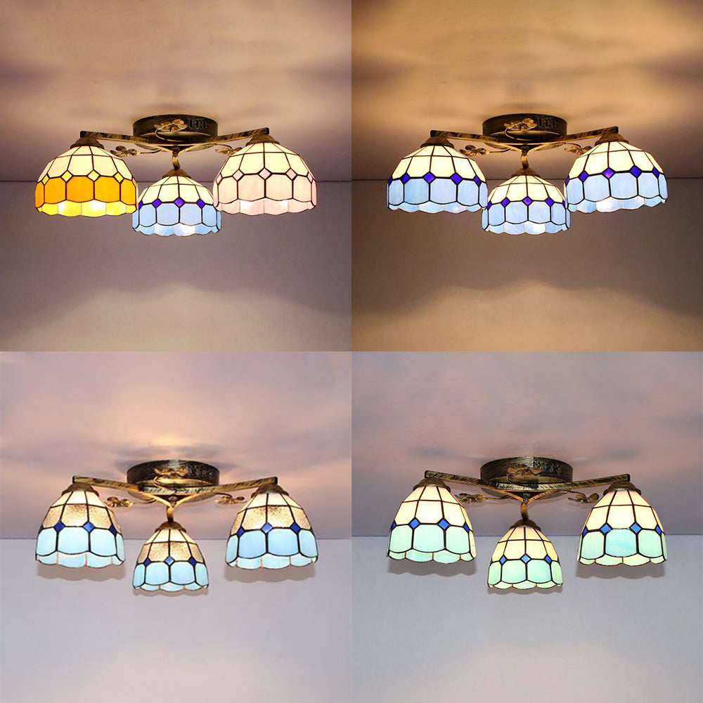 Conic Ceiling Fixture Vintage Stained Glass 3 Lights Flushmount Ceiling Light with Art Pattern Clearhalo 'Ceiling Lights' 'Close To Ceiling Lights' 'Close to ceiling' 'Glass shade' 'Glass' 'Semi-flushmount' 'Tiffany close to ceiling' 'Tiffany' Lighting' 26357