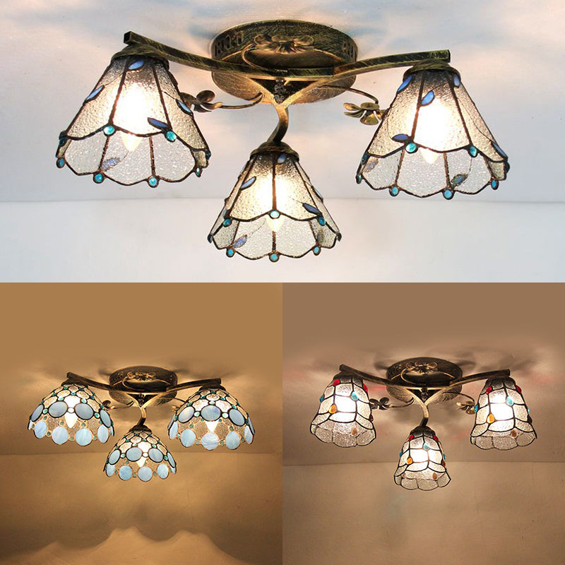 Conic Ceiling Fixture Vintage Stained Glass 3 Lights Flushmount Ceiling Light with Art Pattern Clearhalo 'Ceiling Lights' 'Close To Ceiling Lights' 'Close to ceiling' 'Glass shade' 'Glass' 'Semi-flushmount' 'Tiffany close to ceiling' 'Tiffany' Lighting' 26361