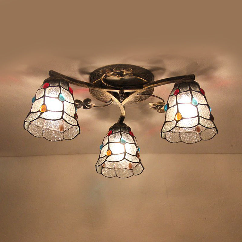 Conic Ceiling Fixture Vintage Stained Glass 3 Lights Flushmount Ceiling Light with Art Pattern Antique Bronze Circle Clearhalo 'Ceiling Lights' 'Close To Ceiling Lights' 'Close to ceiling' 'Glass shade' 'Glass' 'Semi-flushmount' 'Tiffany close to ceiling' 'Tiffany' Lighting' 26362