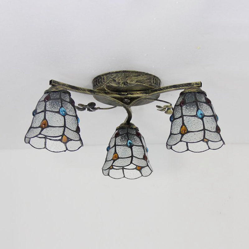 Conic Ceiling Fixture Vintage Stained Glass 3 Lights Flushmount Ceiling Light with Art Pattern Clearhalo 'Ceiling Lights' 'Close To Ceiling Lights' 'Close to ceiling' 'Glass shade' 'Glass' 'Semi-flushmount' 'Tiffany close to ceiling' 'Tiffany' Lighting' 26363