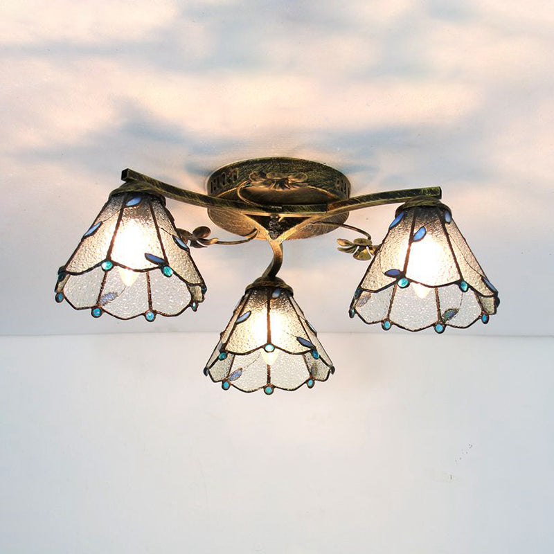 Conic Ceiling Fixture Vintage Stained Glass 3 Lights Flushmount Ceiling Light with Art Pattern Antique Bronze Frosted C Clearhalo 'Ceiling Lights' 'Close To Ceiling Lights' 'Close to ceiling' 'Glass shade' 'Glass' 'Semi-flushmount' 'Tiffany close to ceiling' 'Tiffany' Lighting' 26364