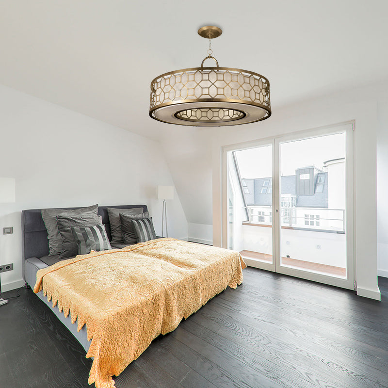 16"/19.5"/23.5" Dia Chinese Style Drum Chandelier 3-Light Brass Hanging Ceiling Lamp in Gold Clearhalo 'Ceiling Lights' 'Chandeliers' Lighting' options 263643