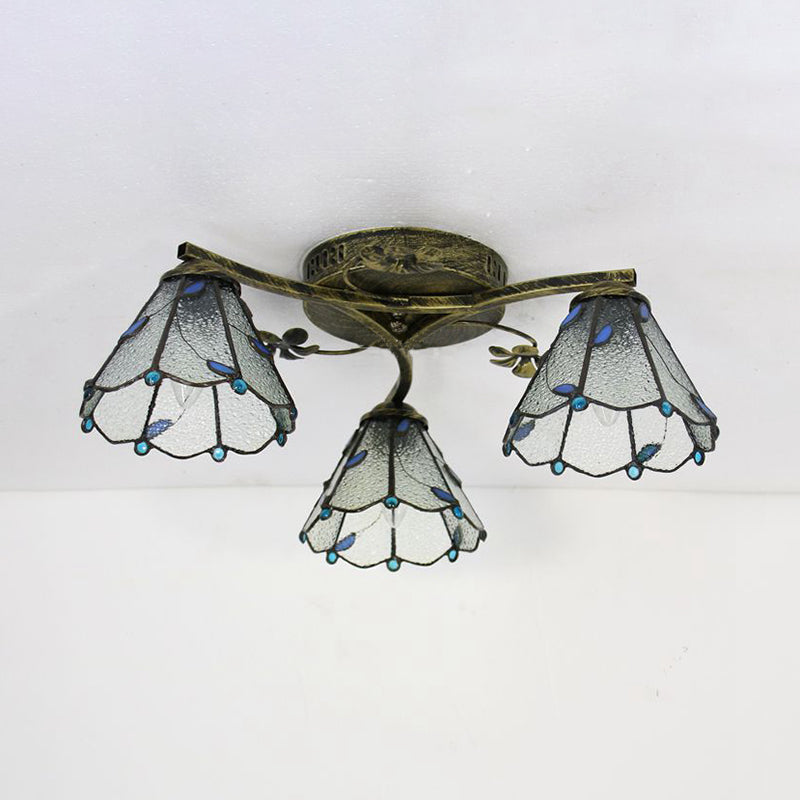 Conic Ceiling Fixture Vintage Stained Glass 3 Lights Flushmount Ceiling Light with Art Pattern Clearhalo 'Ceiling Lights' 'Close To Ceiling Lights' 'Close to ceiling' 'Glass shade' 'Glass' 'Semi-flushmount' 'Tiffany close to ceiling' 'Tiffany' Lighting' 26365