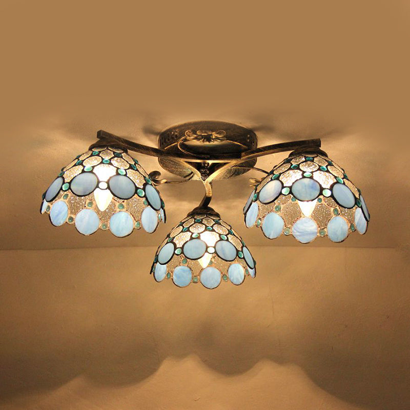 Conic Ceiling Fixture Vintage Stained Glass 3 Lights Flushmount Ceiling Light with Art Pattern Antique Bronze Fish Tail Clearhalo 'Ceiling Lights' 'Close To Ceiling Lights' 'Close to ceiling' 'Glass shade' 'Glass' 'Semi-flushmount' 'Tiffany close to ceiling' 'Tiffany' Lighting' 26366