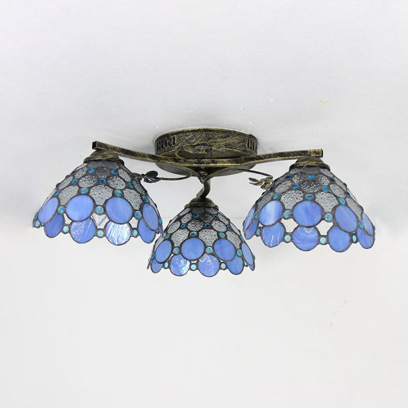Conic Ceiling Fixture Vintage Stained Glass 3 Lights Flushmount Ceiling Light with Art Pattern Clearhalo 'Ceiling Lights' 'Close To Ceiling Lights' 'Close to ceiling' 'Glass shade' 'Glass' 'Semi-flushmount' 'Tiffany close to ceiling' 'Tiffany' Lighting' 26367