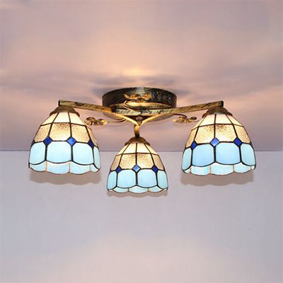 Conic Ceiling Fixture Vintage Stained Glass 3 Lights Flushmount Ceiling Light with Art Pattern Antique Bronze Blue Diamond Clearhalo 'Ceiling Lights' 'Close To Ceiling Lights' 'Close to ceiling' 'Glass shade' 'Glass' 'Semi-flushmount' 'Tiffany close to ceiling' 'Tiffany' Lighting' 26368