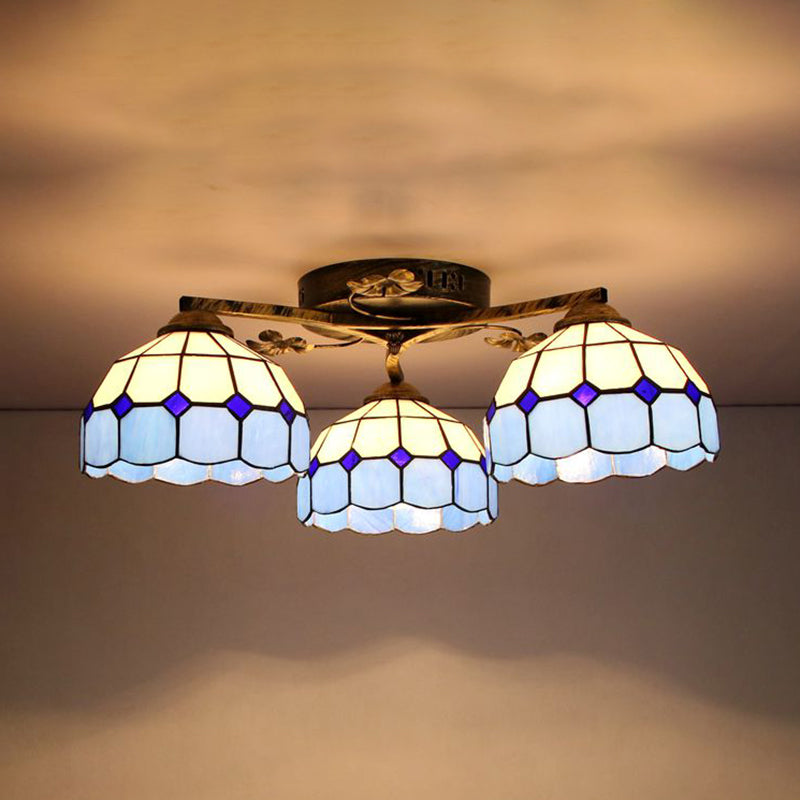 Conic Ceiling Fixture Vintage Stained Glass 3 Lights Flushmount Ceiling Light with Art Pattern Antique Bronze Blue-white Clearhalo 'Ceiling Lights' 'Close To Ceiling Lights' 'Close to ceiling' 'Glass shade' 'Glass' 'Semi-flushmount' 'Tiffany close to ceiling' 'Tiffany' Lighting' 26369