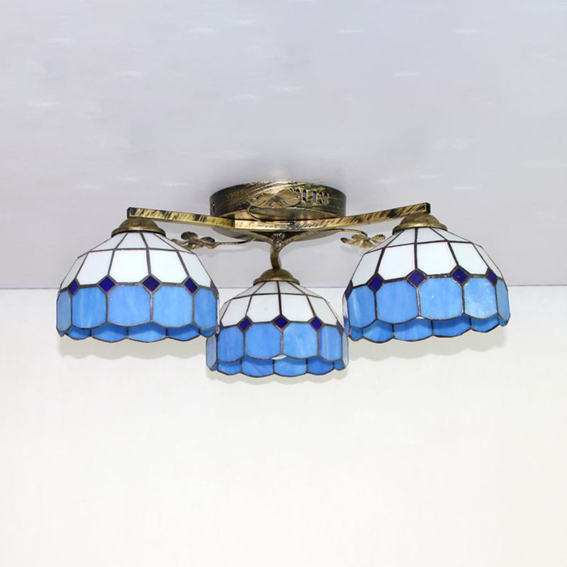 Conic Ceiling Fixture Vintage Stained Glass 3 Lights Flushmount Ceiling Light with Art Pattern Clearhalo 'Ceiling Lights' 'Close To Ceiling Lights' 'Close to ceiling' 'Glass shade' 'Glass' 'Semi-flushmount' 'Tiffany close to ceiling' 'Tiffany' Lighting' 26370