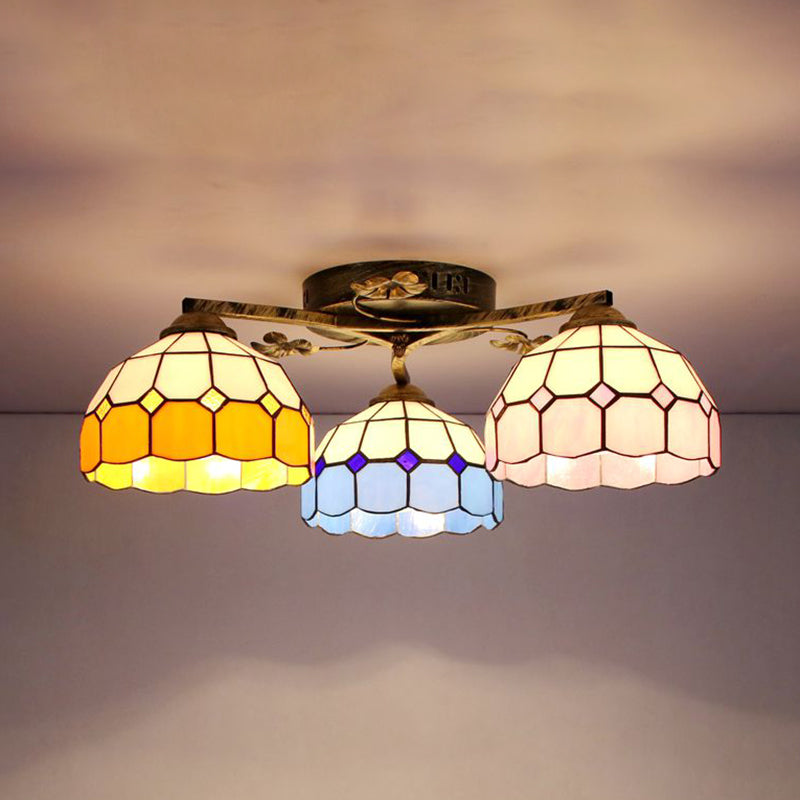 Conic Ceiling Fixture Vintage Stained Glass 3 Lights Flushmount Ceiling Light with Art Pattern Antique Bronze Rhombus Clearhalo 'Ceiling Lights' 'Close To Ceiling Lights' 'Close to ceiling' 'Glass shade' 'Glass' 'Semi-flushmount' 'Tiffany close to ceiling' 'Tiffany' Lighting' 26371