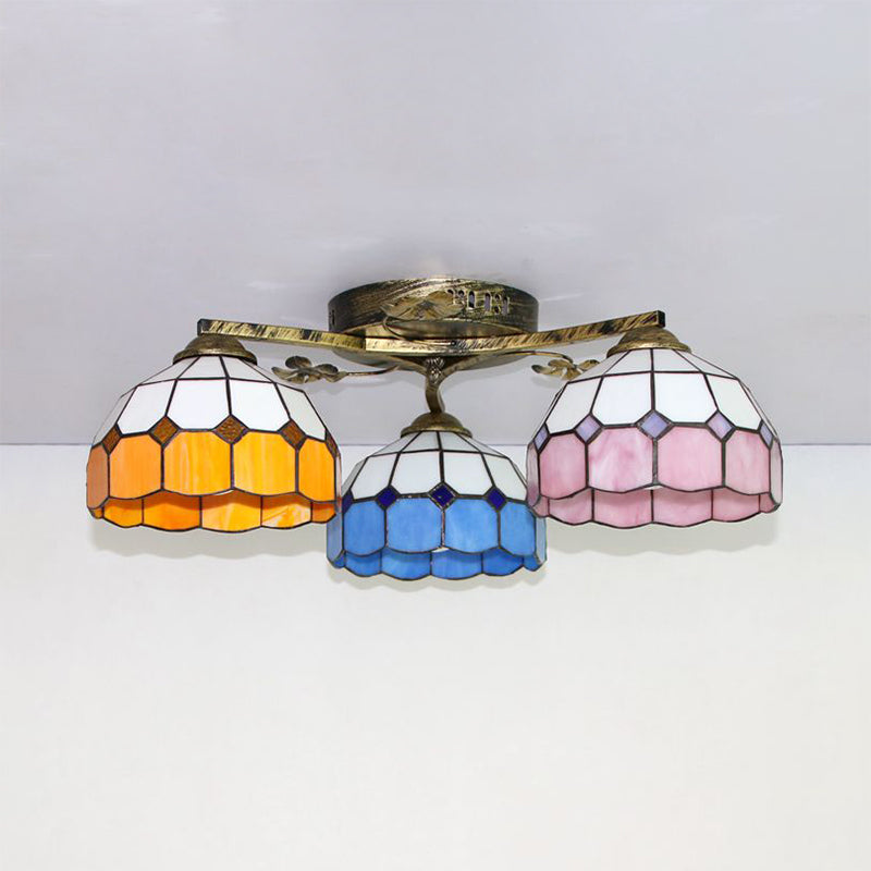 Conic Ceiling Fixture Vintage Stained Glass 3 Lights Flushmount Ceiling Light with Art Pattern Clearhalo 'Ceiling Lights' 'Close To Ceiling Lights' 'Close to ceiling' 'Glass shade' 'Glass' 'Semi-flushmount' 'Tiffany close to ceiling' 'Tiffany' Lighting' 26372