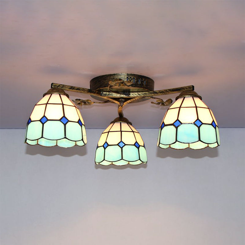 Conic Ceiling Fixture Vintage Stained Glass 3 Lights Flushmount Ceiling Light with Art Pattern Clearhalo 'Ceiling Lights' 'Close To Ceiling Lights' 'Close to ceiling' 'Glass shade' 'Glass' 'Semi-flushmount' 'Tiffany close to ceiling' 'Tiffany' Lighting' 26373