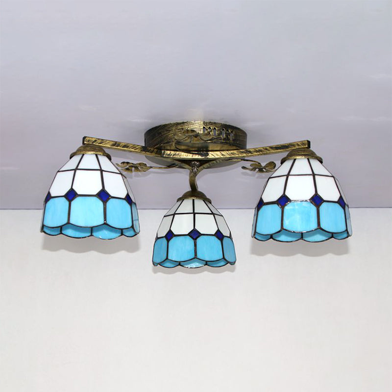 Conic Ceiling Fixture Vintage Stained Glass 3 Lights Flushmount Ceiling Light with Art Pattern Antique Bronze Sky Blue Square Clearhalo 'Ceiling Lights' 'Close To Ceiling Lights' 'Close to ceiling' 'Glass shade' 'Glass' 'Semi-flushmount' 'Tiffany close to ceiling' 'Tiffany' Lighting' 26374