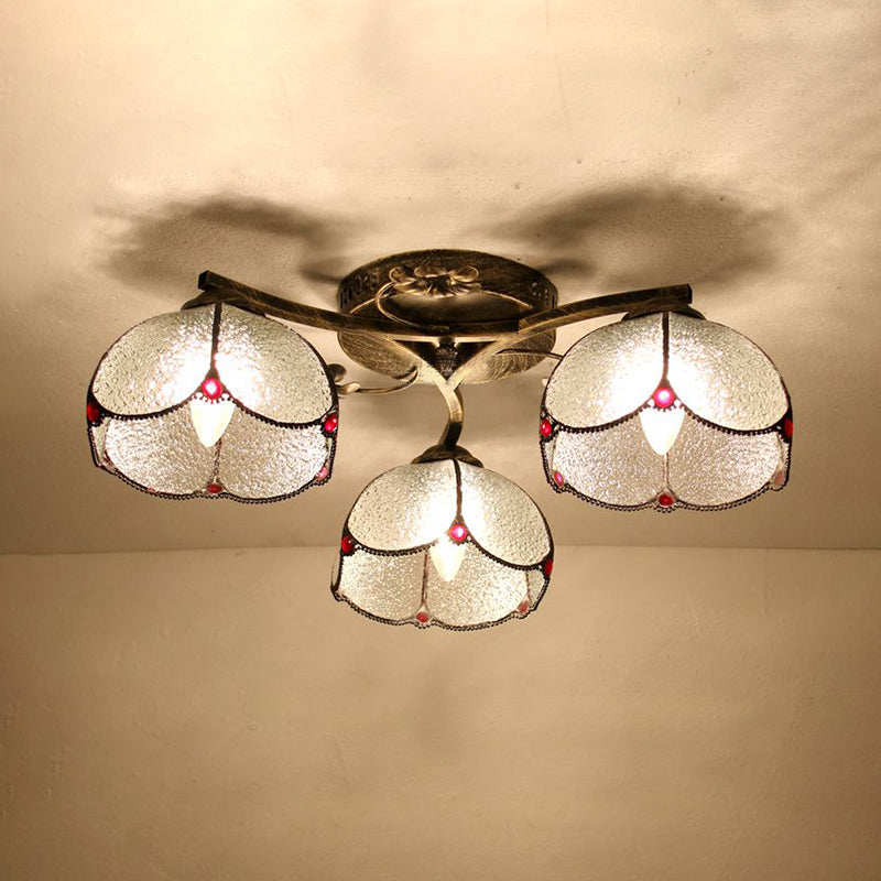 Conic Ceiling Fixture Vintage Stained Glass 3 Lights Flushmount Ceiling Light with Art Pattern Antique Bronze Diamond Clearhalo 'Ceiling Lights' 'Close To Ceiling Lights' 'Close to ceiling' 'Glass shade' 'Glass' 'Semi-flushmount' 'Tiffany close to ceiling' 'Tiffany' Lighting' 26377