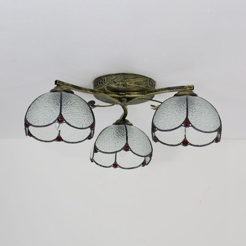 Conic Ceiling Fixture Vintage Stained Glass 3 Lights Flushmount Ceiling Light with Art Pattern Clearhalo 'Ceiling Lights' 'Close To Ceiling Lights' 'Close to ceiling' 'Glass shade' 'Glass' 'Semi-flushmount' 'Tiffany close to ceiling' 'Tiffany' Lighting' 26378