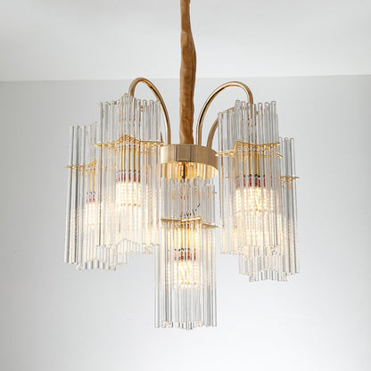 Tiered Cylinder Crystal Chandelier Light Modern 6 Heads Dining Room Ceiling Pendant in Gold Clear Clearhalo 'Ceiling Lights' 'Chandeliers' 'Clear' 'Industrial' 'Modern Chandeliers' 'Modern' 'Tiffany' 'Traditional Chandeliers' Lighting' 263794