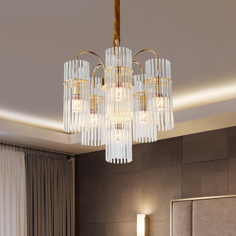 Tiered Cylinder Crystal Chandelier Light Modern 6 Heads Dining Room Ceiling Pendant in Gold Clearhalo 'Ceiling Lights' 'Chandeliers' 'Clear' 'Industrial' 'Modern Chandeliers' 'Modern' 'Tiffany' 'Traditional Chandeliers' Lighting' 263795
