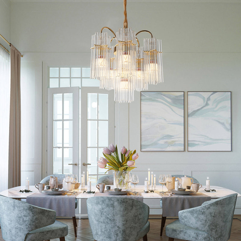 Tiered Cylinder Crystal Chandelier Light Modern 6 Heads Dining Room Ceiling Pendant in Gold Clearhalo 'Ceiling Lights' 'Chandeliers' 'Clear' 'Industrial' 'Modern Chandeliers' 'Modern' 'Tiffany' 'Traditional Chandeliers' Lighting' 263796