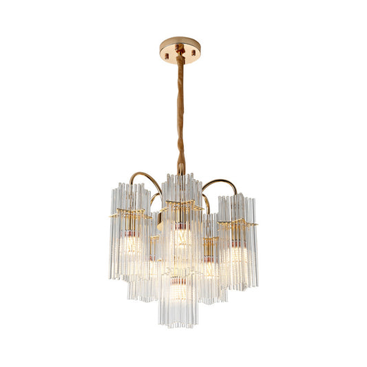 Tiered Cylinder Crystal Chandelier Light Modern 6 Heads Dining Room Ceiling Pendant in Gold Clearhalo 'Ceiling Lights' 'Chandeliers' 'Clear' 'Industrial' 'Modern Chandeliers' 'Modern' 'Tiffany' 'Traditional Chandeliers' Lighting' 263797
