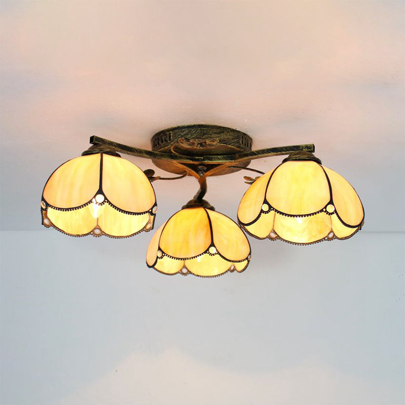 Conic Ceiling Fixture Vintage Stained Glass 3 Lights Flushmount Ceiling Light with Art Pattern Antique Bronze Yellow Clearhalo 'Ceiling Lights' 'Close To Ceiling Lights' 'Close to ceiling' 'Glass shade' 'Glass' 'Semi-flushmount' 'Tiffany close to ceiling' 'Tiffany' Lighting' 26380