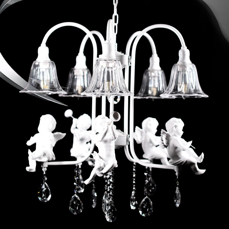 Flared Chandelier Pendant Traditional Plexiglas 5 Lights White Ceiling Light Fixture with Angels and Crystal Drop White Clearhalo 'Ceiling Lights' 'Chandeliers' Lighting' options 263810_9576e5da-d666-4764-9eb0-7a0ed1637453