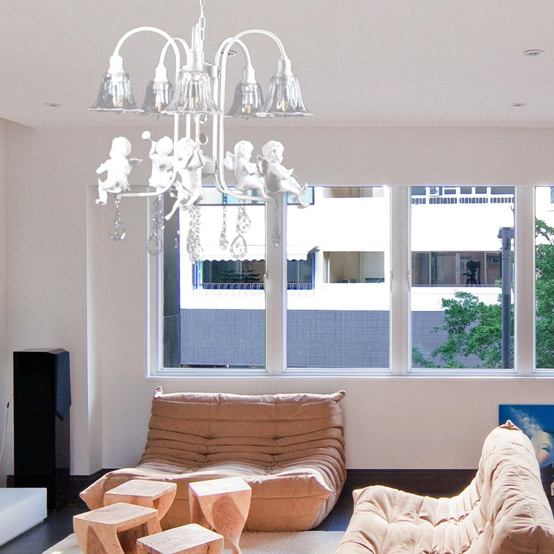 Flared Chandelier Pendant Traditional Plexiglas 5 Lights White Ceiling Light Fixture with Angels and Crystal Drop Clearhalo 'Ceiling Lights' 'Chandeliers' Lighting' options 263811