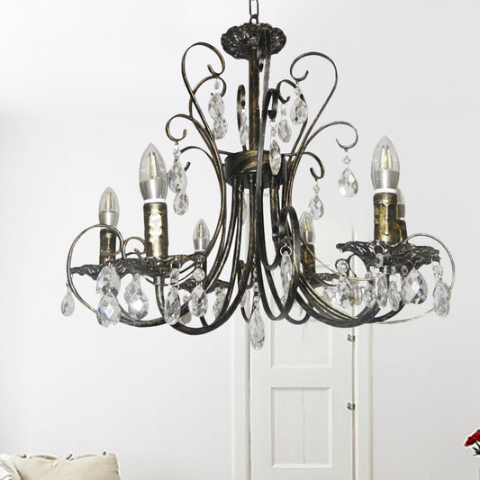 Bronze Curved Candle Chandelier French Style 6 Lights Iron Ceiling Lighting with Crystal Accent Clearhalo 'Ceiling Lights' 'Chandeliers' 'Industrial Chandeliers' 'Industrial' 'Middle Century Chandeliers' 'Tiffany' Lighting' 263814