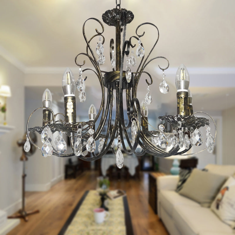 Bronze Curved Candle Chandelier French Style 6 Lights Iron Ceiling Lighting with Crystal Accent Bronze Clearhalo 'Ceiling Lights' 'Chandeliers' 'Industrial Chandeliers' 'Industrial' 'Middle Century Chandeliers' 'Tiffany' Lighting' 263815