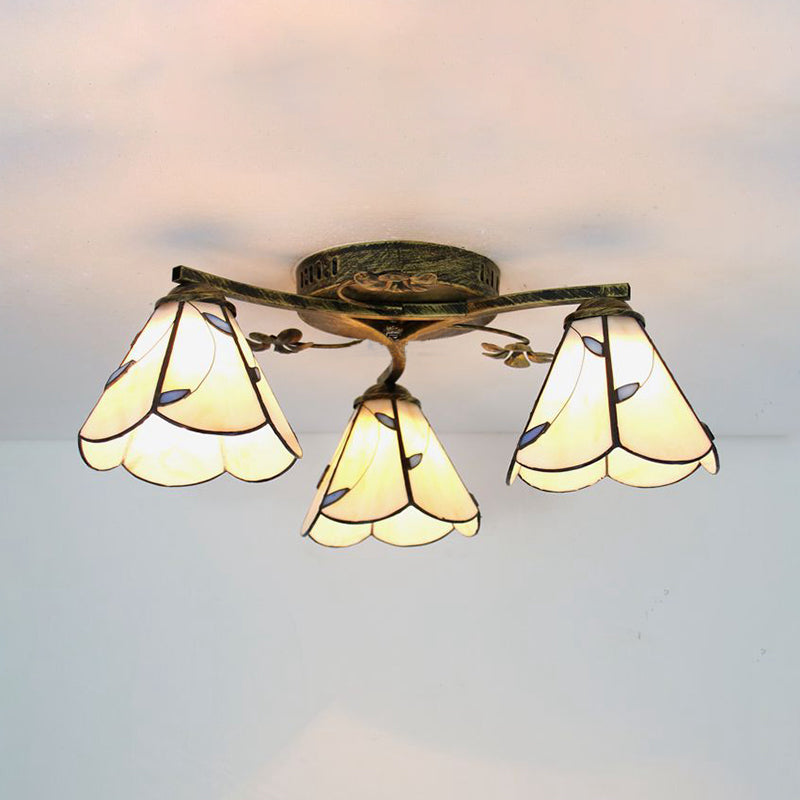 Conic Ceiling Fixture Vintage Stained Glass 3 Lights Flushmount Ceiling Light with Art Pattern Antique Bronze Leaf Clearhalo 'Ceiling Lights' 'Close To Ceiling Lights' 'Close to ceiling' 'Glass shade' 'Glass' 'Semi-flushmount' 'Tiffany close to ceiling' 'Tiffany' Lighting' 26382
