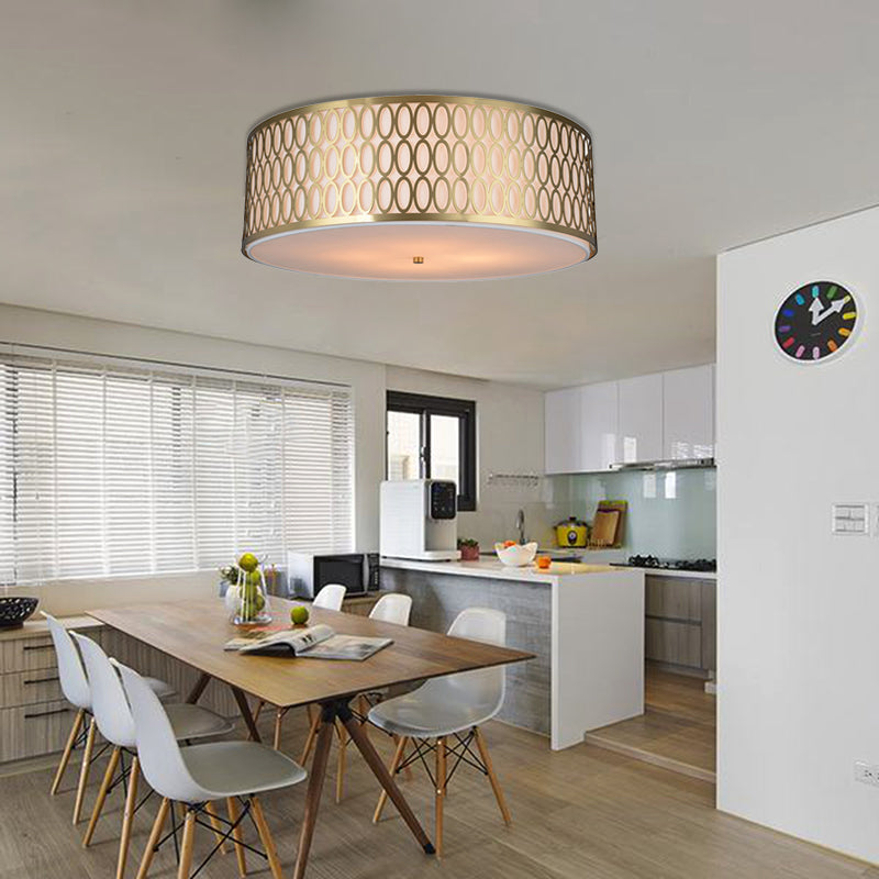 16"/19.5"/’23.5" Dia 4-Light Fabric Flush Light Traditional White Round Ceiling Mounted Lamp with Gold Metal Mesh Frame Gold Clearhalo 'Ceiling Lights' 'Close To Ceiling Lights' 'Close to ceiling' 'Flush mount' Lighting' 263826