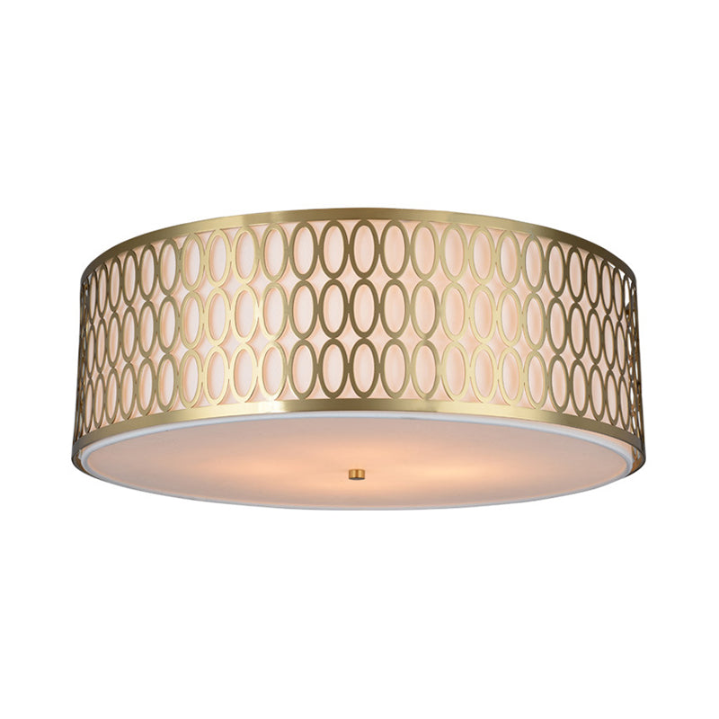 16"/19.5"/’23.5" Dia 4-Light Fabric Flush Light Traditional White Round Ceiling Mounted Lamp with Gold Metal Mesh Frame Clearhalo 'Ceiling Lights' 'Close To Ceiling Lights' 'Close to ceiling' 'Flush mount' Lighting' 263829