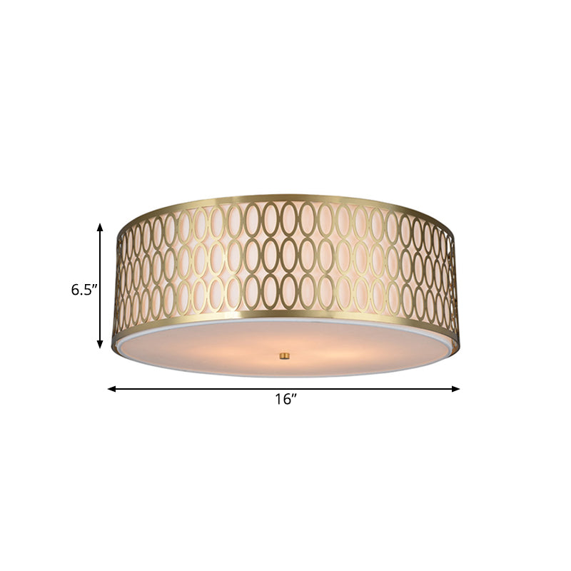 16"/19.5"/’23.5" Dia 4-Light Fabric Flush Light Traditional White Round Ceiling Mounted Lamp with Gold Metal Mesh Frame Clearhalo 'Ceiling Lights' 'Close To Ceiling Lights' 'Close to ceiling' 'Flush mount' Lighting' 263830