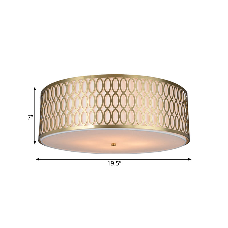 16"/19.5"/’23.5" Dia 4-Light Fabric Flush Light Traditional White Round Ceiling Mounted Lamp with Gold Metal Mesh Frame Clearhalo 'Ceiling Lights' 'Close To Ceiling Lights' 'Close to ceiling' 'Flush mount' Lighting' 263831