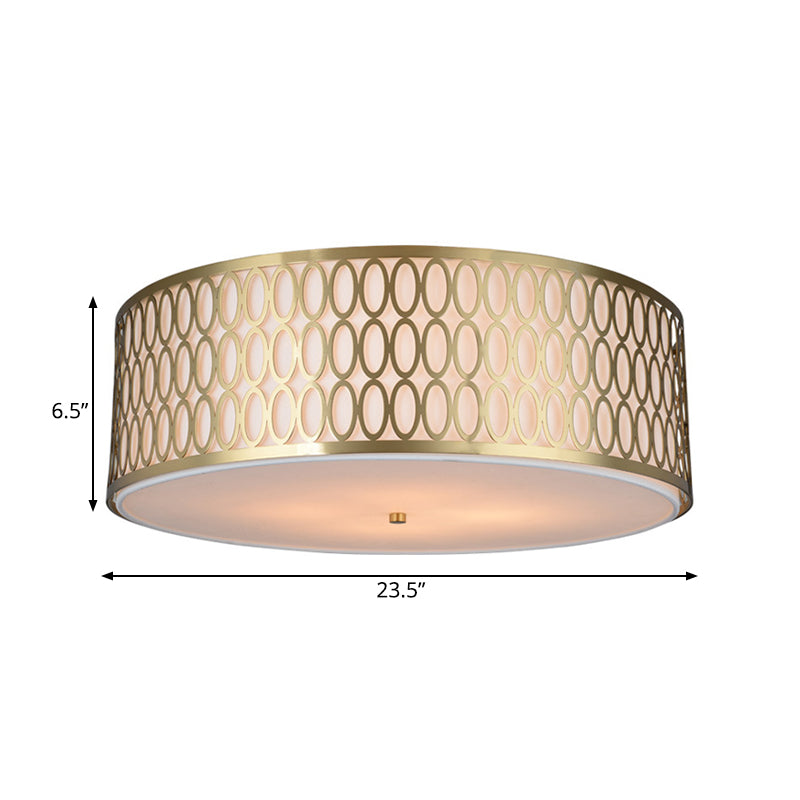 16"/19.5"/’23.5" Dia 4-Light Fabric Flush Light Traditional White Round Ceiling Mounted Lamp with Gold Metal Mesh Frame Clearhalo 'Ceiling Lights' 'Close To Ceiling Lights' 'Close to ceiling' 'Flush mount' Lighting' 263832