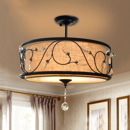 4-Light Black Semi Flush Mount Light 14"/21.5" Dia Rustic Branch Iron Ceiling Light Fixture with Fabric Shade and Crystal Draping Black 21.5" Clearhalo 'Ceiling Lights' 'Close To Ceiling Lights' 'Close to ceiling' 'Semi-flushmount' Lighting' 263834