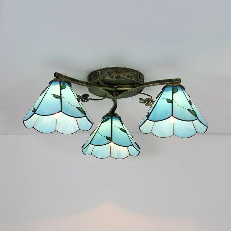 Conic Ceiling Fixture Vintage Stained Glass 3 Lights Flushmount Ceiling Light with Art Pattern Antique Bronze Blue Leaf Clearhalo 'Ceiling Lights' 'Close To Ceiling Lights' 'Close to ceiling' 'Glass shade' 'Glass' 'Semi-flushmount' 'Tiffany close to ceiling' 'Tiffany' Lighting' 26384