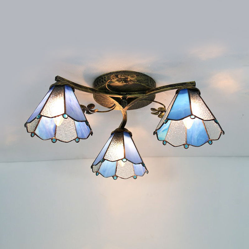 Conic Ceiling Fixture Vintage Stained Glass 3 Lights Flushmount Ceiling Light with Art Pattern Antique Bronze Frosted B Clearhalo 'Ceiling Lights' 'Close To Ceiling Lights' 'Close to ceiling' 'Glass shade' 'Glass' 'Semi-flushmount' 'Tiffany close to ceiling' 'Tiffany' Lighting' 26386
