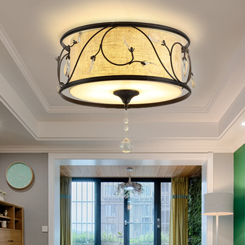 Iron Black/Gold Flush Ceiling Light 16"/19.5" Dia Drum Shape 4/5 Lights Vintage Flushmount Lighting Black Clearhalo 'Ceiling Lights' 'Close To Ceiling Lights' 'Close to ceiling' 'Flush mount' Lighting' 263874
